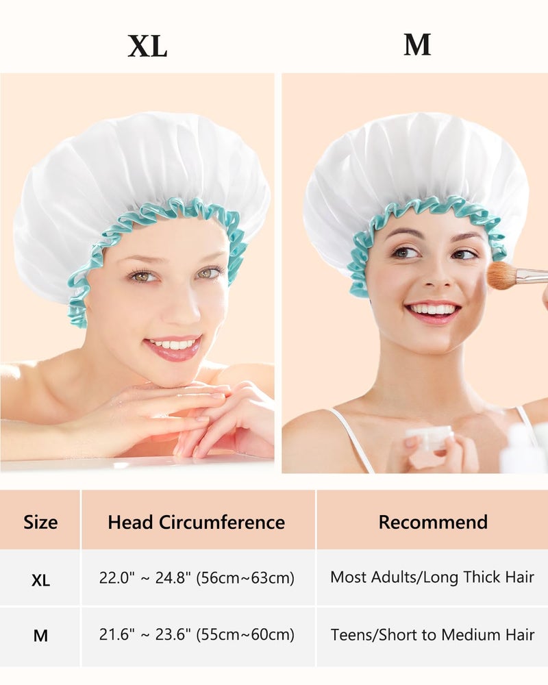 mikimini Shower Cap for Women and Girls,Reusable,Waterproof, Washable, Cute and Soft,White - Image 2
